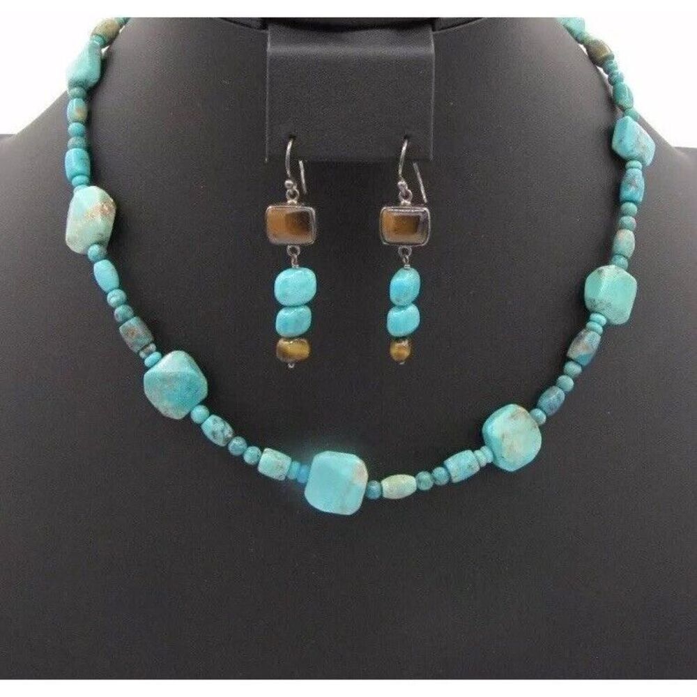 Jay King Turquoise Necklace SS 21 inches + Tiger’s Eye & Turquoise earrings(N/P)